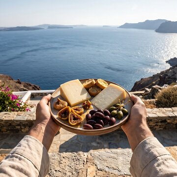 hands holding Greek Aegean Platter: An artfully arranged selection of Greek cheeses, featuring a block of barrel-aged Kasseri and a wedge of salty Graviera. Accompaniments: honey-drizzled dried figs, 