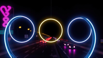 Fototapeta premium Neon rings frame highway scene. Bright lights illuminate dark road, creating futuristic vibe. Pink sign adds color contrast.