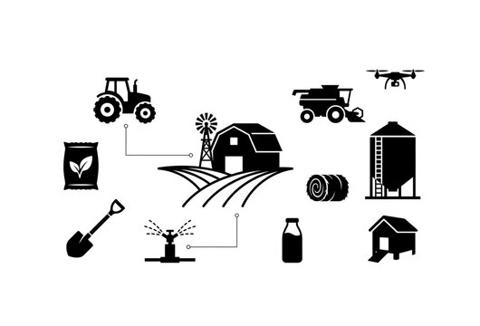 Agricultural industry black silhouette icons with farm tractor harvest irrigation and crop symbols