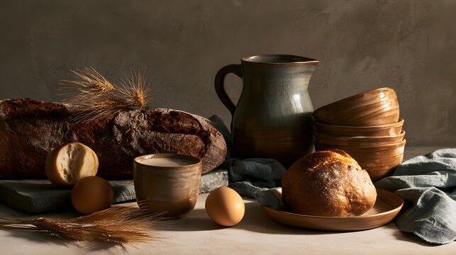 A rustic still life featuring artisan bread  eggs  wheat stalks  and ceramic bowls and pitcher arranged on a textured surface