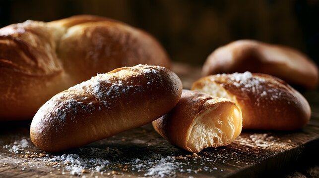 Freshly baked artisan bread rolls dusted with flour  resting on a rustic wooden surface with warm lighting
