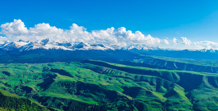 Aerial view of green meadows and snow-capped mountain range under a cloudy sky in Kalajun Grassland, Ili, Xinjiang, China.