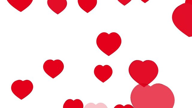 A seamless 10-second looping 4K motion graphics 3D animation of sparse, widespread, glowing bright neon red hearts falling from top to bottom, with the entire shape flipped 180 degrees (point facing u