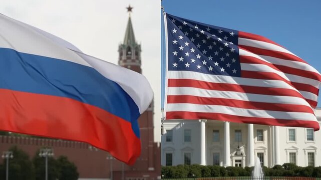 A composite image showing the Russian flag waving in front of the Kremlin and the American flag waving in front of the White House