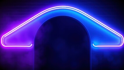 Fototapeta premium Neon archway glows against dark brick wall. Purple, blue lights create futuristic, smoky entrance effect. Dramatic illumination.