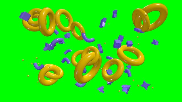 Seamless looping 3d animation of glossy yellow torus rings and purple clay geometric elements floating on solid green screen background.