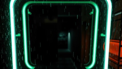 Fototapeta premium Dark corridor framed by glowing green rectangle. Interior appears distant, shadowy. Rain effect visible throughout scene. Minimal lighting creates dramatic mood.