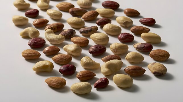 A scattered collection of various nuts including almonds  cashews  and peanuts on a plain white surface
