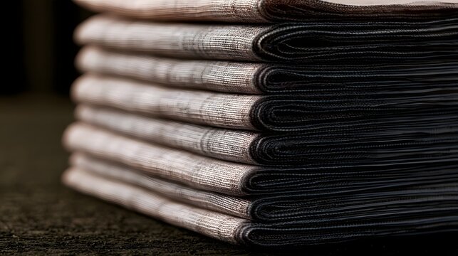 Neatly folded stack of textured fabric with layered creases and subtle color gradient  captured in warm ambient lighting