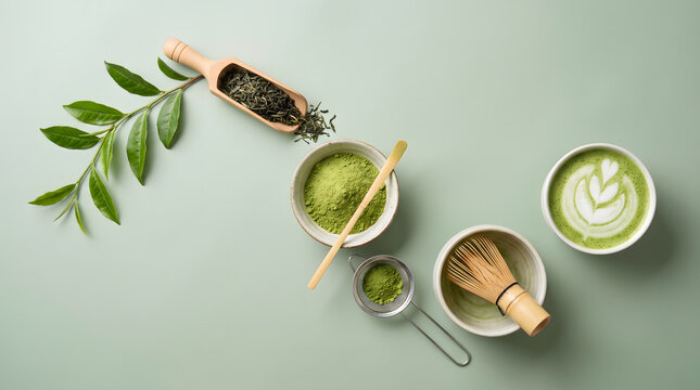 Matcha tea ingredients including fine green powder sifter bamboo whisk and latte art in white ceramic cup over light green background for culinary blog headers.