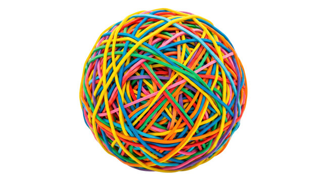Dense ball made entirely of interlocking rubber bands in assorted bright office colors. Photorealistic, front 3/4 view, square orientation, ultra-high-resolution 8K, on a pure white background