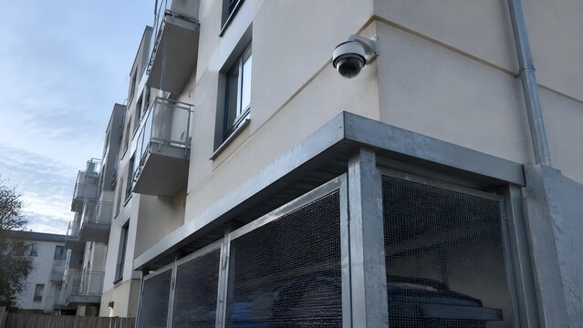 White dome surveillance camera installed at exterior corner of apartment building