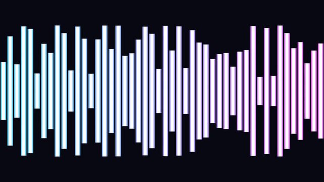 Vertical bars fluctuate rhythmically against a black background displaying audio visualization frequency spectrum sound waves rhythm