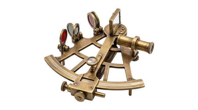 Vintage brass sextant navigation instrument, antique nautical direction finder tool, marine exploration equipment isolated PNG with Transparent Background