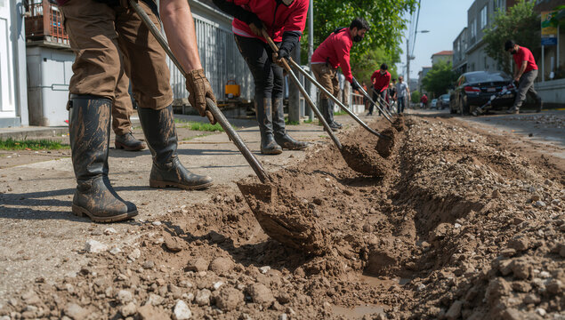 泥の道路をスコップで片付ける人々のイメージ