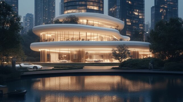 A building features a unique design with facade panels that adjust and glow softly at night. A central AI controls these panels to manage temperature, enhancing comfort in the diverse cityscape