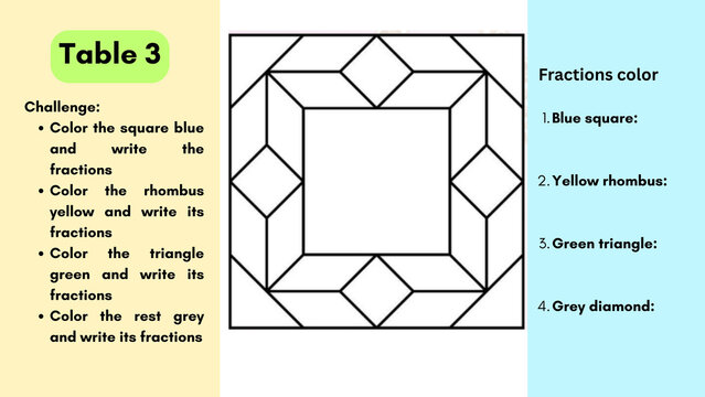 Educational fraction math worksheet for children, colorful geometry challenge, learning fractions and geometric shapes activity page