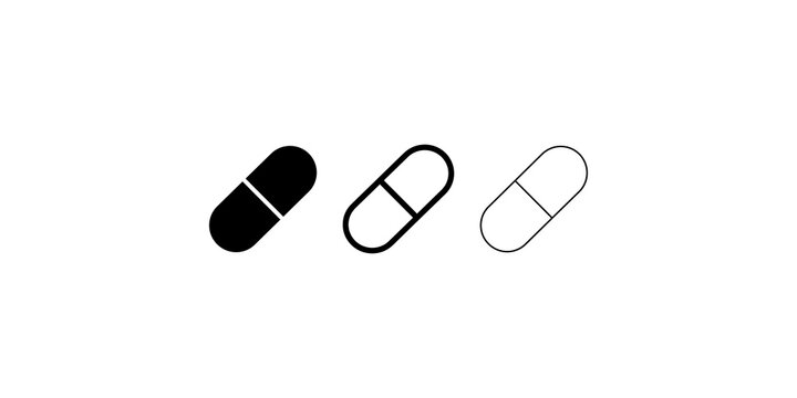 Medical capsule medicine icons black shapes for healthcare web graphics.