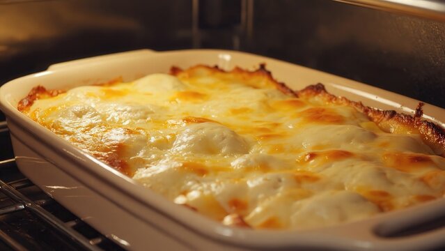 Baked cheesy casserole dish in oven