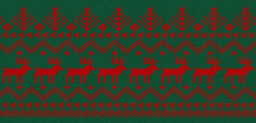 Christmas Knitted Fabric Pattern with Red Reindeer and Geometric Trees on Green Background for Holiday Textiles © Design by Azharul