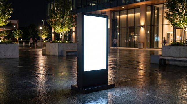 Blank Standing Billboard Totem Signage Mockup Outdoor Digital Kiosk Lightbox at Night City Street Graphic Illustration