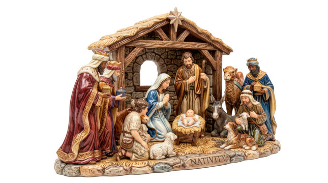 Ceramic nativity scene &mdash; Photorealistic ceramic nativity scene, single sculpted tabletop piece depicting a traditional manger tableau as one cohesive glazed ornament; front three-quarter view,