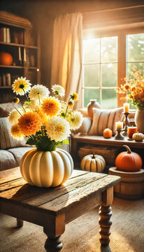 Soft Autumn Floral Arrangements in Sunlit Room