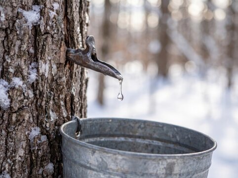 Maple sap dripping from a metal tap into a galvanized collection bucket attached to a tree trunk in a snowy winter forest
