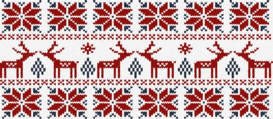 Christmas Knitted Fabric Pattern with Reindeer and Snowflake Motifs for Festive Winter Holiday Textile Decoration © Design by Azharul