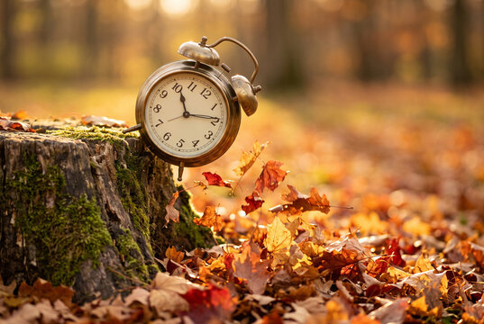 Antique brass alarm clock tipping off a mossy tree stump into autumn leaves, daylight saving time ends concept