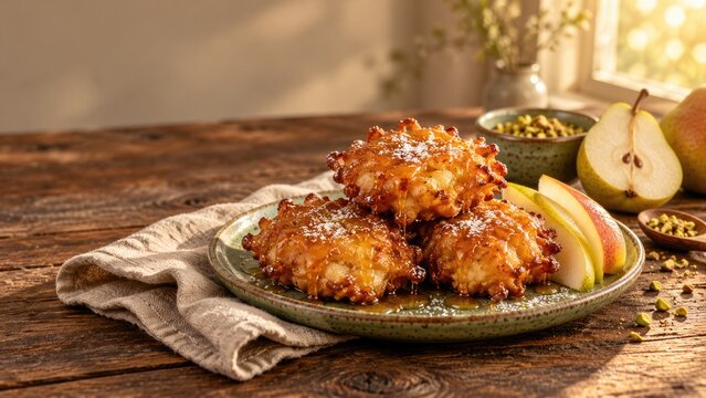 Delicious baked apple dumplings dessert golden brown with syrup icing sugar sliced pears pistachios on wooden table rustic setting.