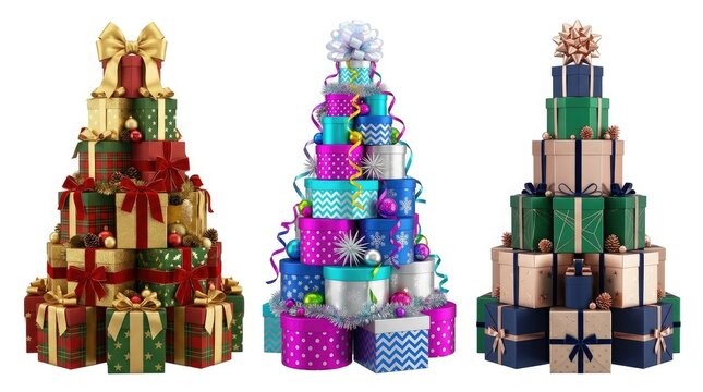 Three colorful gift stacks arranged like christmas trees on a white background