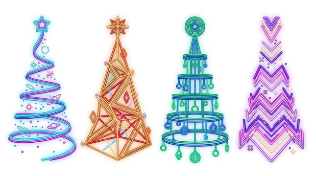 Abstract watercolor christmas trees in vibrant colors isolated on white background