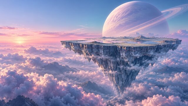 Fantasy floating island in sky with ringed planet, representing dreamlike landscapes and imaginative, otherworldly travel.