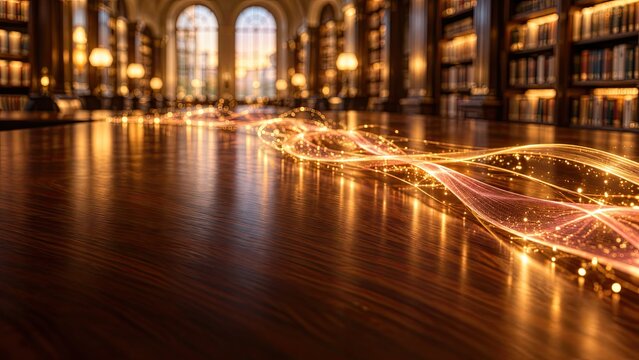 Elegant library interior with glowing golden data streams traversing a polished wooden table, representing digital knowledge transfer.