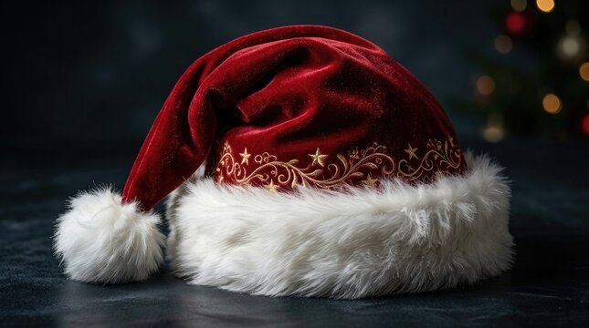Festive christmas scene with a santa hat and blurred holiday tree lights