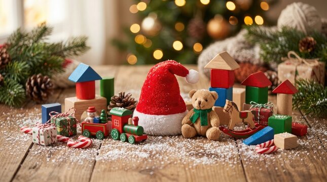 Festive christmas scene with miniature village and traditional holiday decorations