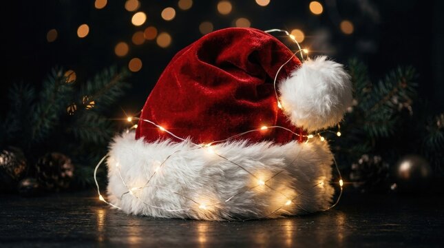 Festive christmas santa hat with bokeh lights in dark holiday background