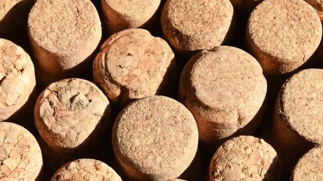 Wine cork stoppers rotate in close view under warm light to show rough texture for winery concepts.