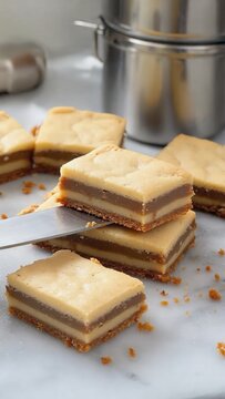 Layered dessert squares stacked on board