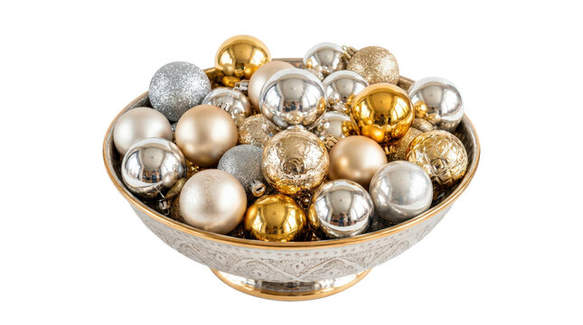 Decorative bowl filled with silver and gold baubles &mdash; Photorealistic decorative bowl filled with metallic silver and gold Christmas baubles, polished festive surfaces forming an elegant holiday