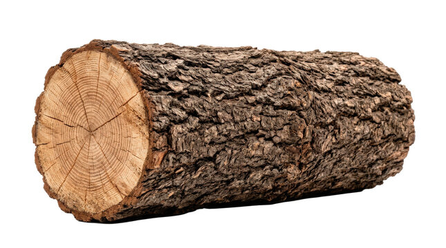 Single bark-covered firewood log with rugged natural texture, cylindrical cut form, warm brown bark and realistic woody surface, photorealistic, front 3/4 view, horizontal orientation,