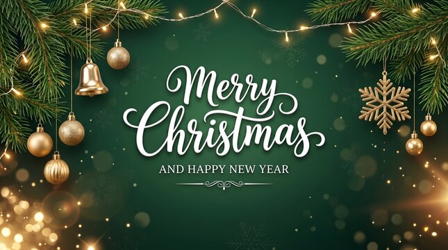 Realistic christmas and new year banner with branches on green background