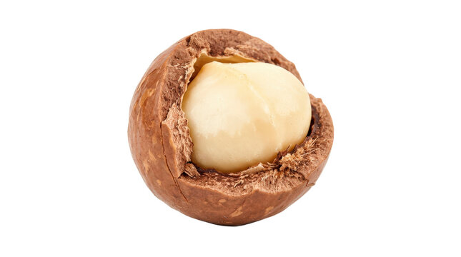 Cracked macadamia nut, photorealistic single nut with split light-brown shell revealing smooth creamy kernel, detailed natural texture, macro three-quarter view, tack-sharp focus, high-resolution