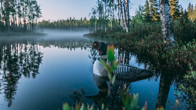 Serene loon glides on misty lake at sunrise with forest reflection