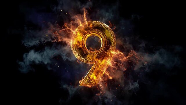 Fiery Number Nine Glowing in Smoke Against Black Background Cinematic Abstract Motion Graphic