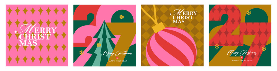 Naklejka premium Modern Christmas and New Year 2027 card collection with bold typography, geometric ornaments and festive illustrations. Ideal for branding, packaging, posters, greeting cards and social media, print.