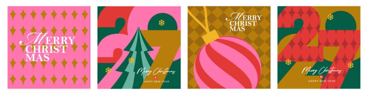 Modern Christmas and New Year 2027 card collection with bold typography, geometric ornaments and festive illustrations. Ideal for branding, packaging, posters, greeting cards and social media, print.