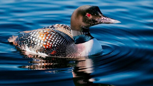 Common Loon swims gracefully through calm blue water creating ripples