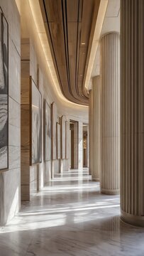Curved luxury corridor with marble columns
